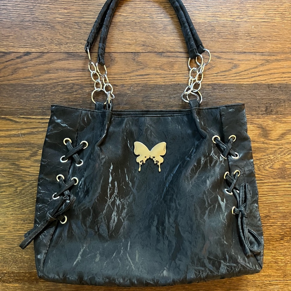 Black Tote Bag with Metallic Butterfly Accent and Chains NWOT